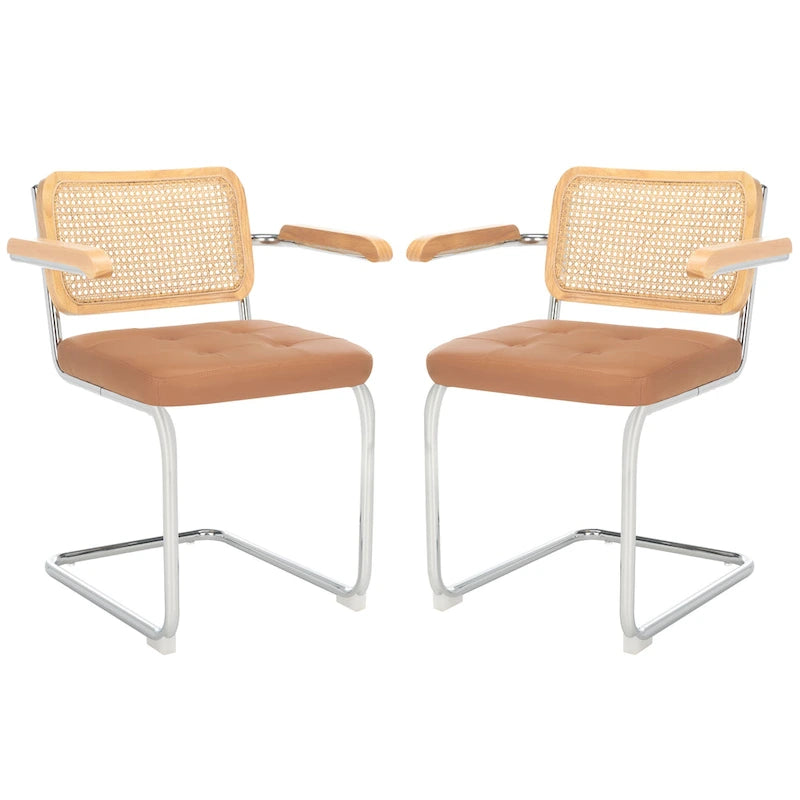 Dining Arm Chair - 26"W x 22"D x 34"H, Rattan Back, Tufted Seat, Cantilevered Steel Legs, Cognac, Padded Arms, 19" Seat