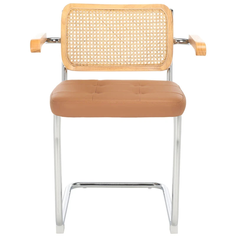 Dining Arm Chair - 26"W x 22"D x 34"H, Rattan Back, Tufted Seat, Cantilevered Steel Legs, Cognac, Padded Arms, 19" Seat