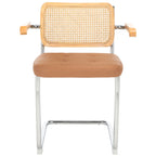 Dining Arm Chair - 26"W x 22"D x 34"H, Rattan Back, Tufted Seat, Cantilevered Steel Legs, Cognac, Padded Arms, 19" Seat