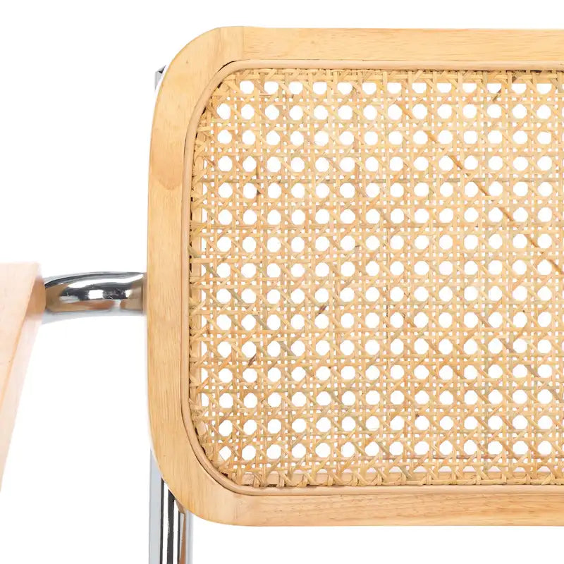 Dining Arm Chair - 26"W x 22"D x 34"H, Rattan Back, Tufted Seat, Cantilevered Steel Legs, Cognac, Padded Arms, 19" Seat