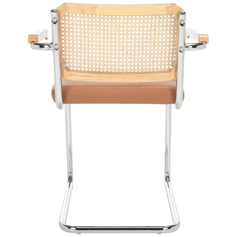 Dining Arm Chair - 26"W x 22"D x 34"H, Rattan Back, Tufted Seat, Cantilevered Steel Legs, Cognac, Padded Arms, 19" Seat