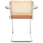 Dining Arm Chair - 26"W x 22"D x 34"H, Rattan Back, Tufted Seat, Cantilevered Steel Legs, Cognac, Padded Arms, 19" Seat